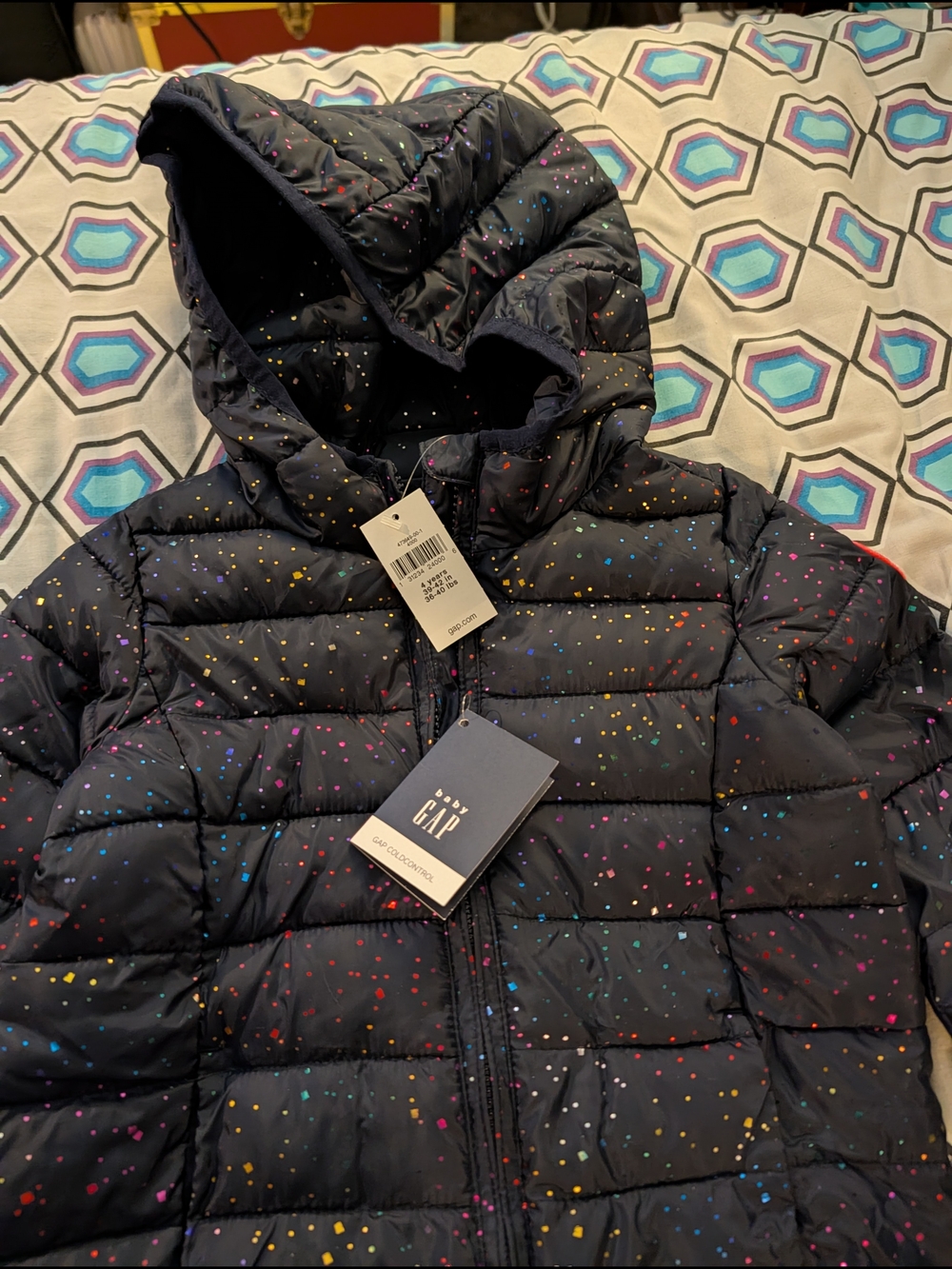 GAP Navy Hooded Puffer Jacket with Multicolor Confetti Print